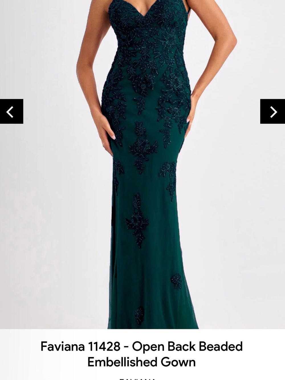 Faviana Dark Emerald Open-Back Beaded Evening Gown